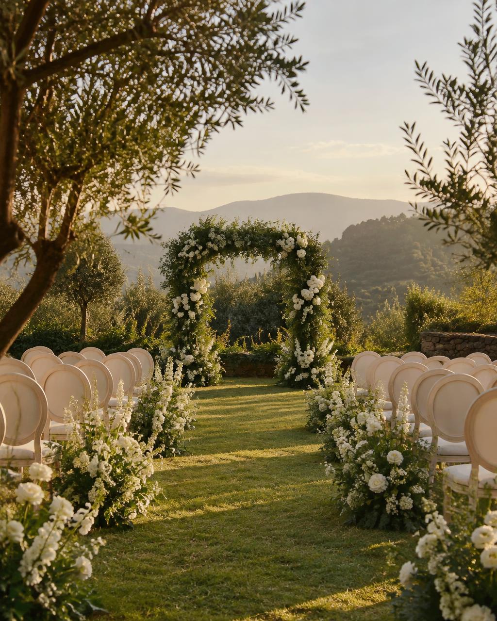 Candlelit ceremony aisle lined with florals