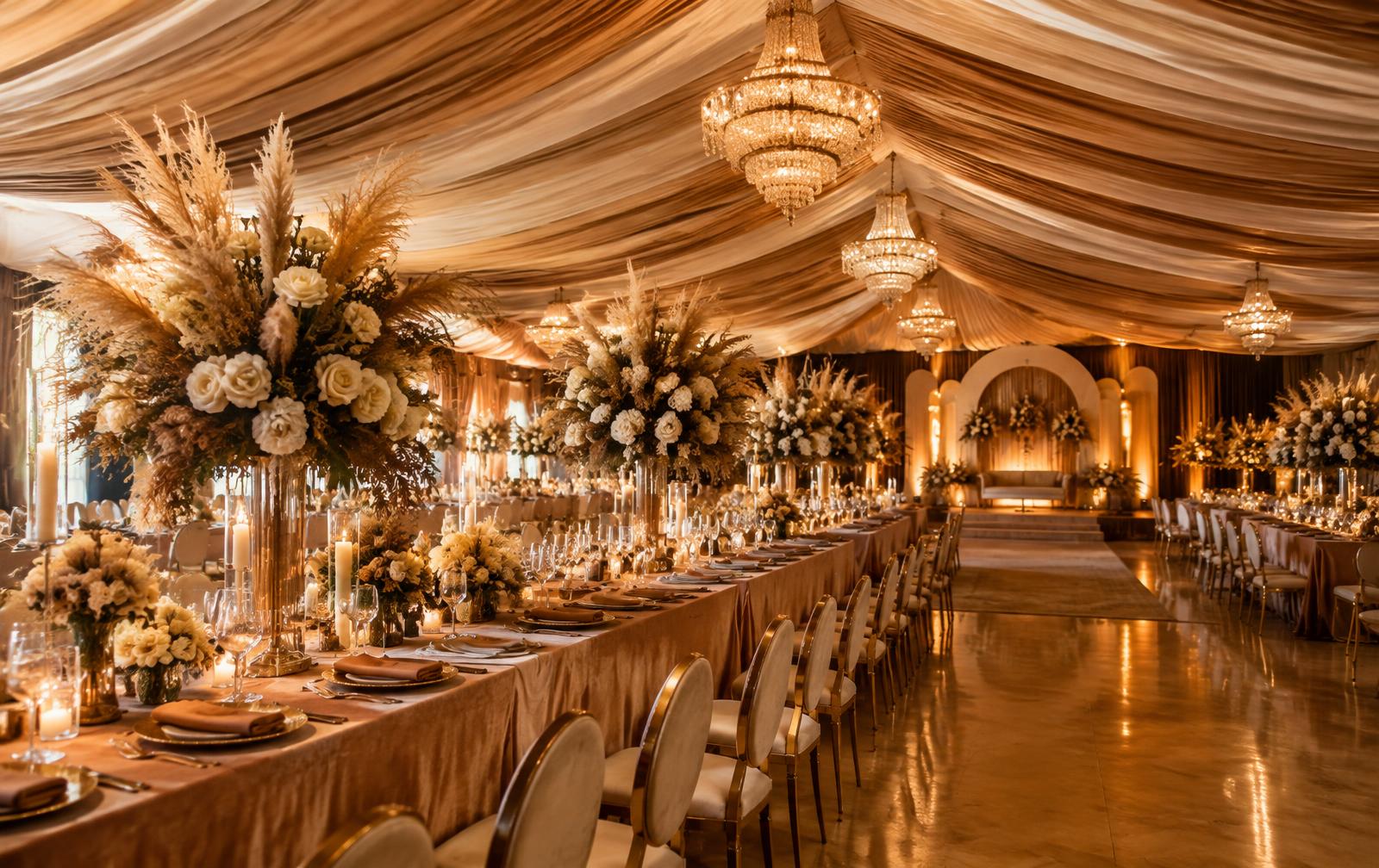 Reception with long tables and warm light
